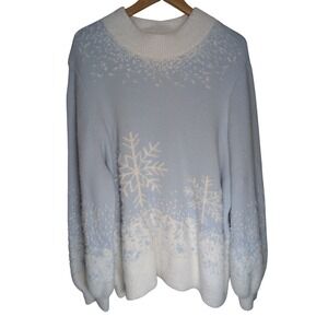 LANDS END Fuzzy Snowflake Eyelash Sweater Womens 2X Light Blue Winter Apres Ski